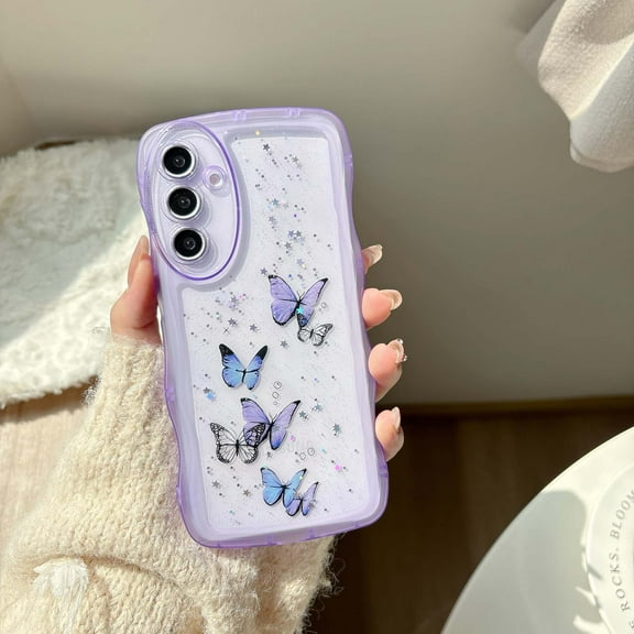 Compatible with Samsung Galaxy A56 5G Phone Case,Glitter Bling Shiny Star Sequin Butterfly Printing,Matte Cute Curly Wavy Frame,Shockproof Anti-fall Soft TPU Aesthetic Clear Phone Case,Purple