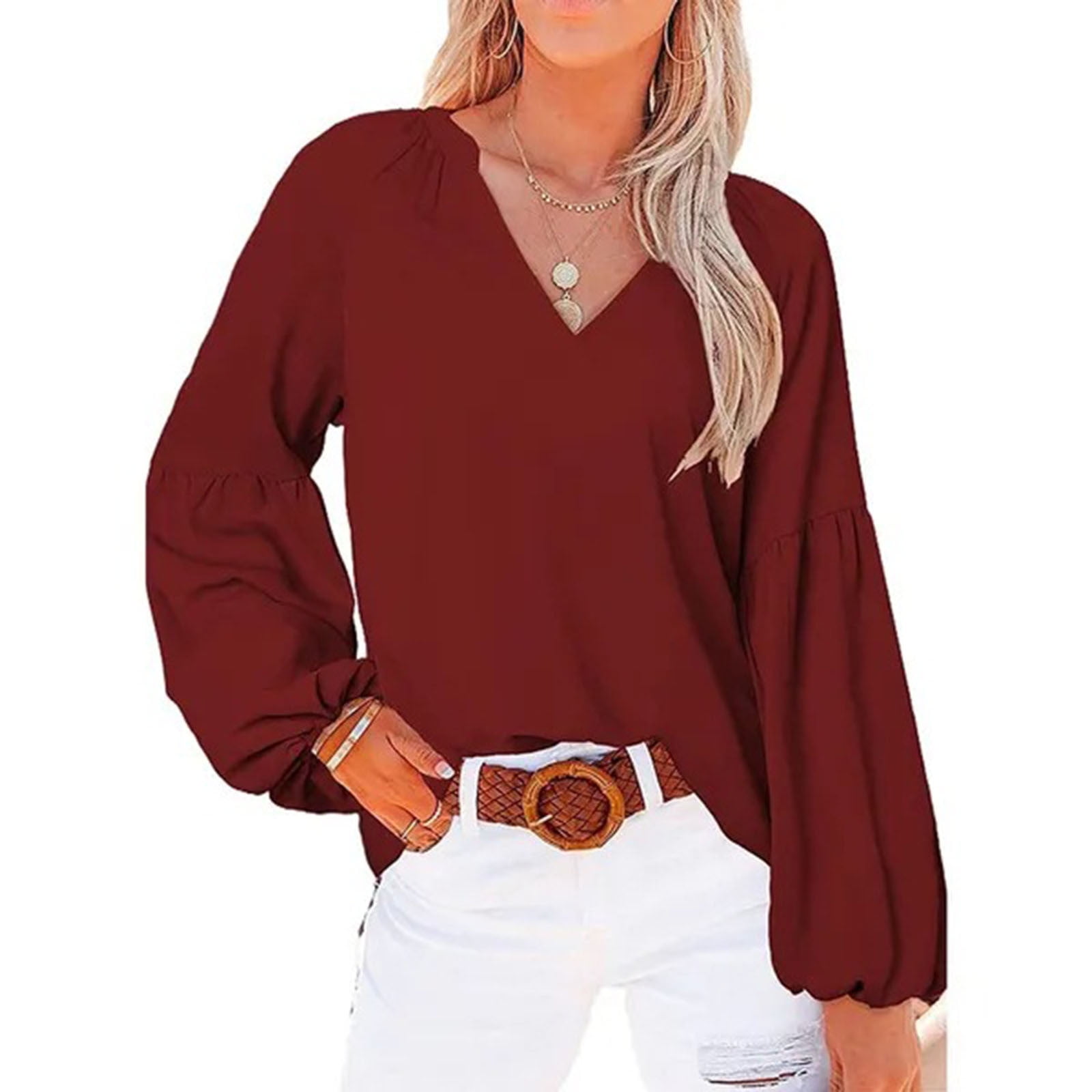 red ruffle neck blouse