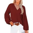 thumbnail image 2 of Fall Shirts for Women Long Lantern Sleeve Solid Henley V Neck T Shirts Tops Loose Office Blouses for Casual Work Womens Clothes, 2 of 6