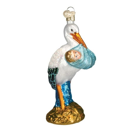 Blown Glass Hanging - Old World Christmas 16063 Bundle of Joy Stork with Baby Boy Glass Ornament