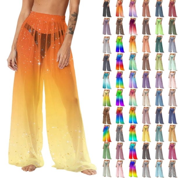 Pincandy Women's Cover Up Pants Sheer Sarong Coverups Summer Boho Beach Pant Elastic Waist Palazzo Cover Up Pants