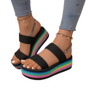 LTTVQM Women's Summer Sandals Rainbow Thick Sole Slide On Wedge Heels Lightweight Foam Comfortable Beach Slip On Flops Black 37(US-6.5)