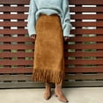 thumbnail image 2 of QHFBli Women's Fringe Trim Suede Skirt High Waisted Pencil Dressy Fall Winter Midi Long Skirt, 2 of 6