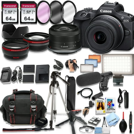 Canon EOS R100 Mirrorless Camera with 18-45mm Lens + 128GB Memory LED Light Microphone Spare Battery Filters Case Tripod Flash and More (41pc Video Bundle)
