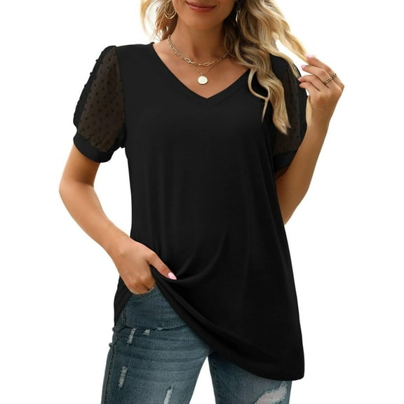 Womens Summer Tops V Neck T Shirts Swiss Dot Puff Sleeve Tops Loose Casual Tshirts