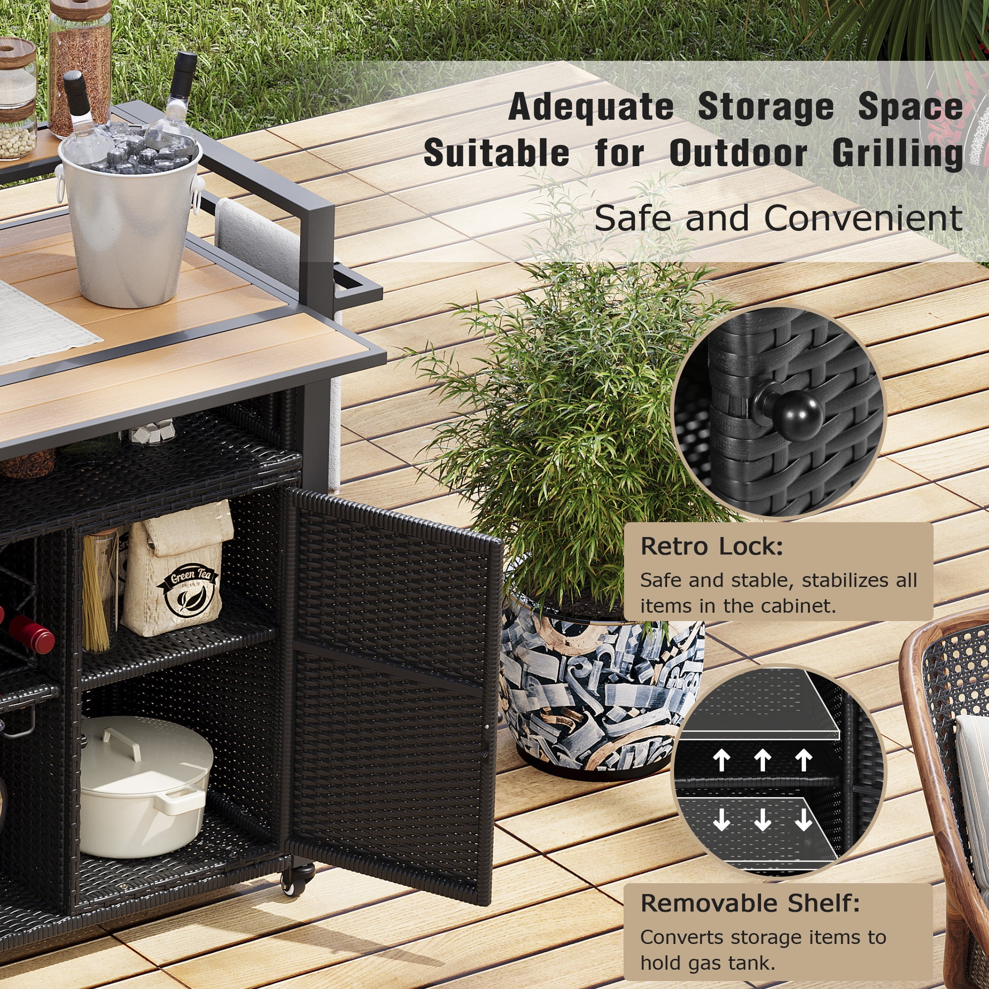 Outdoor Grill Cart 52.8 Inch W, Wicker Structure with Extended Plastic Wood Table Top for Patio Backyard, Black Brown