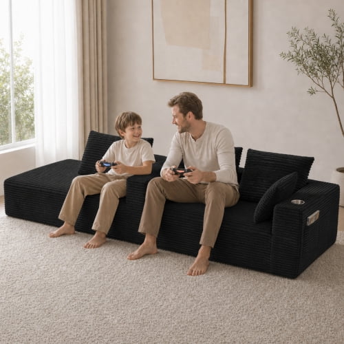 95" Modular L-Shaped Sectional Sofa with Chaise Lounge, 4-Seater Convertible Sofa Bed, Plush Corduroy Upholstery, Spring Pack Cushions, Wide Armrests with Side Pocket, Black
