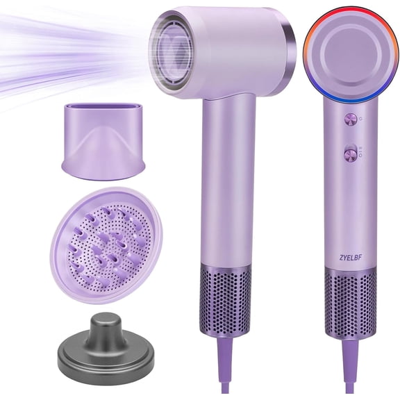 BERGUF Low Noise Thermo Control Hairdryer, 150000 RPM Professional High-Speed Blow Dryer 500 Millions Negative Ionic Care Hair Dryer with Magnetic Diffuser, Nozzle and Holder Wall Mounted (Purple)