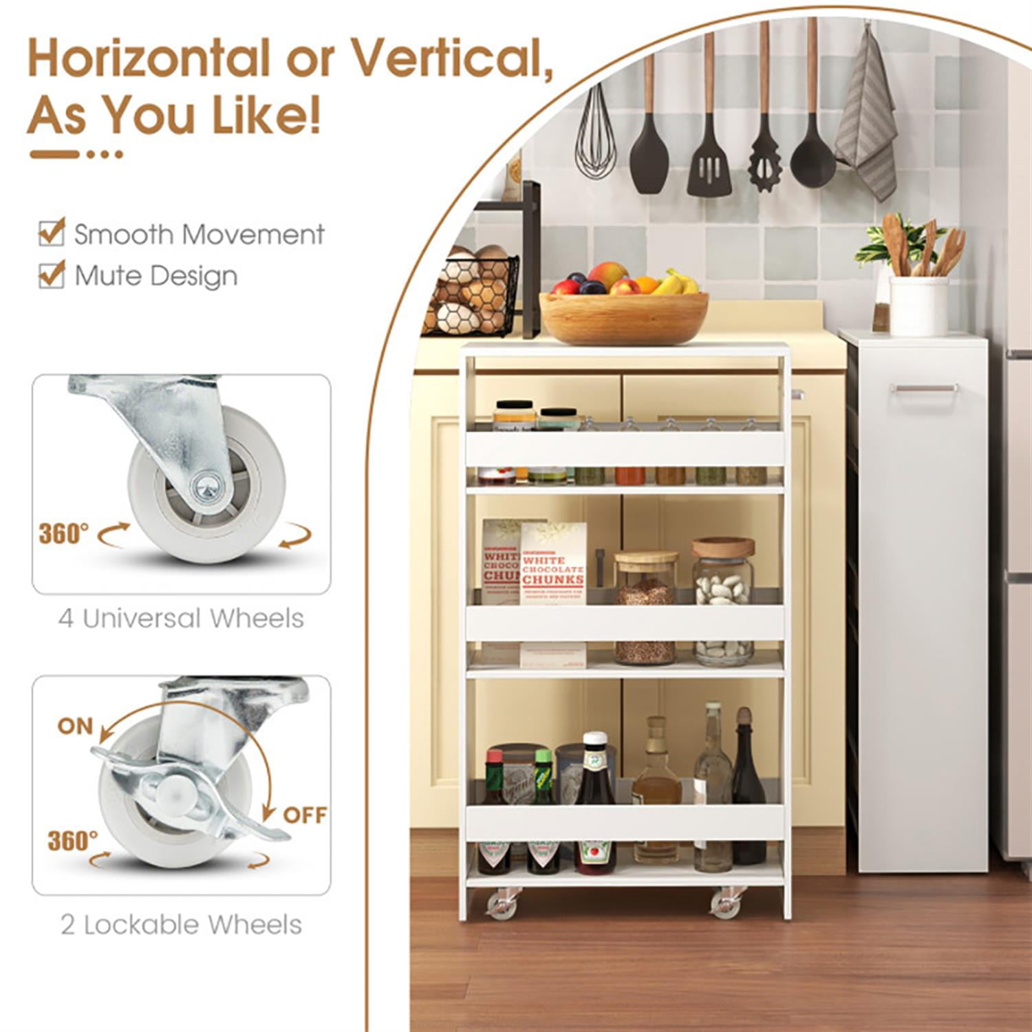 Demi Bonn 4-Tier Narrow Mobile Serving Cart with Open Shelves and Handle, Utility Cart, Bar Cart, for Kitchen Bathroom Living Room, White