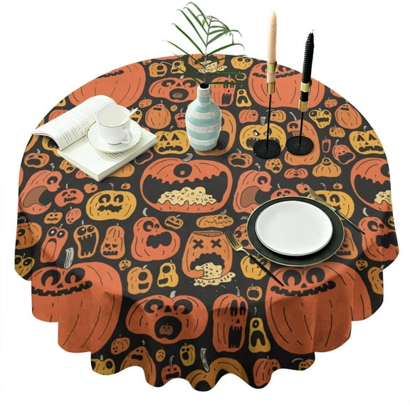 Black Cat Halloween Tablecloth 60 Inch Round - Waterproof Washable Pumpkin Full Moon Spooky Night
