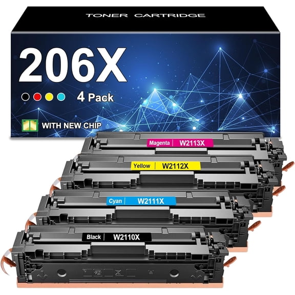 206X High Yield Toner Cartridges 4 Pack (with Chip) Compatible Replacement for 206X 206A for Color Pro MFP M283fdw M283cdw M282nw Pro M255dw M255nw M283 M255 M282 Printer W2110X W2110A (BK/Y/C/M)
