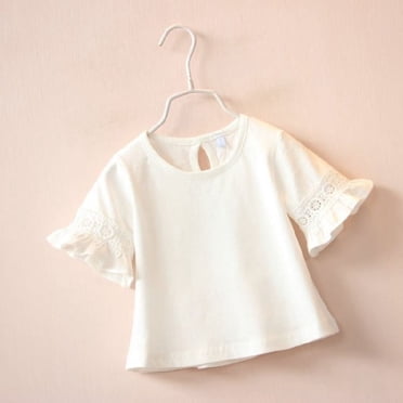 VKOYWKM T-Shirts à Manches Courtes à Volants pour Bébés Filles en Coton Doux T-Shirts d'Été Coupe Ample Col Rond Chandail