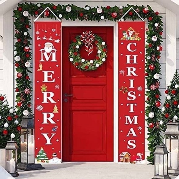 Christmas Decoration for Parties Welcome Home Sign Banner, Front Porch and Door Decorations, Red, Merry Christmas