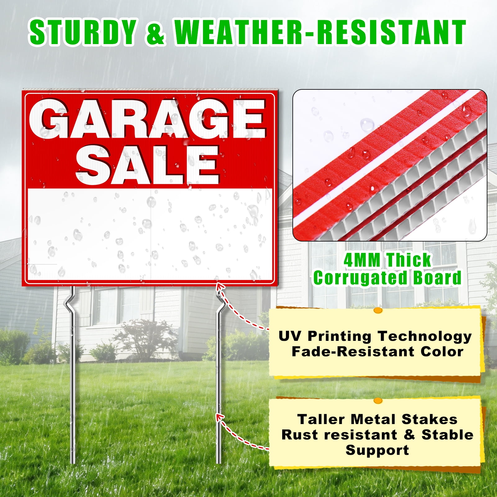 cyrico 3 Pcs Garage Sale Signs with Stakes, 24" x 17" Extra Large Yard Sale Signs, Double-Sided Weatherproof Corrugated Plastic, Includes Directional Arrow Stickers for Outdoor Garage Sale Supplies