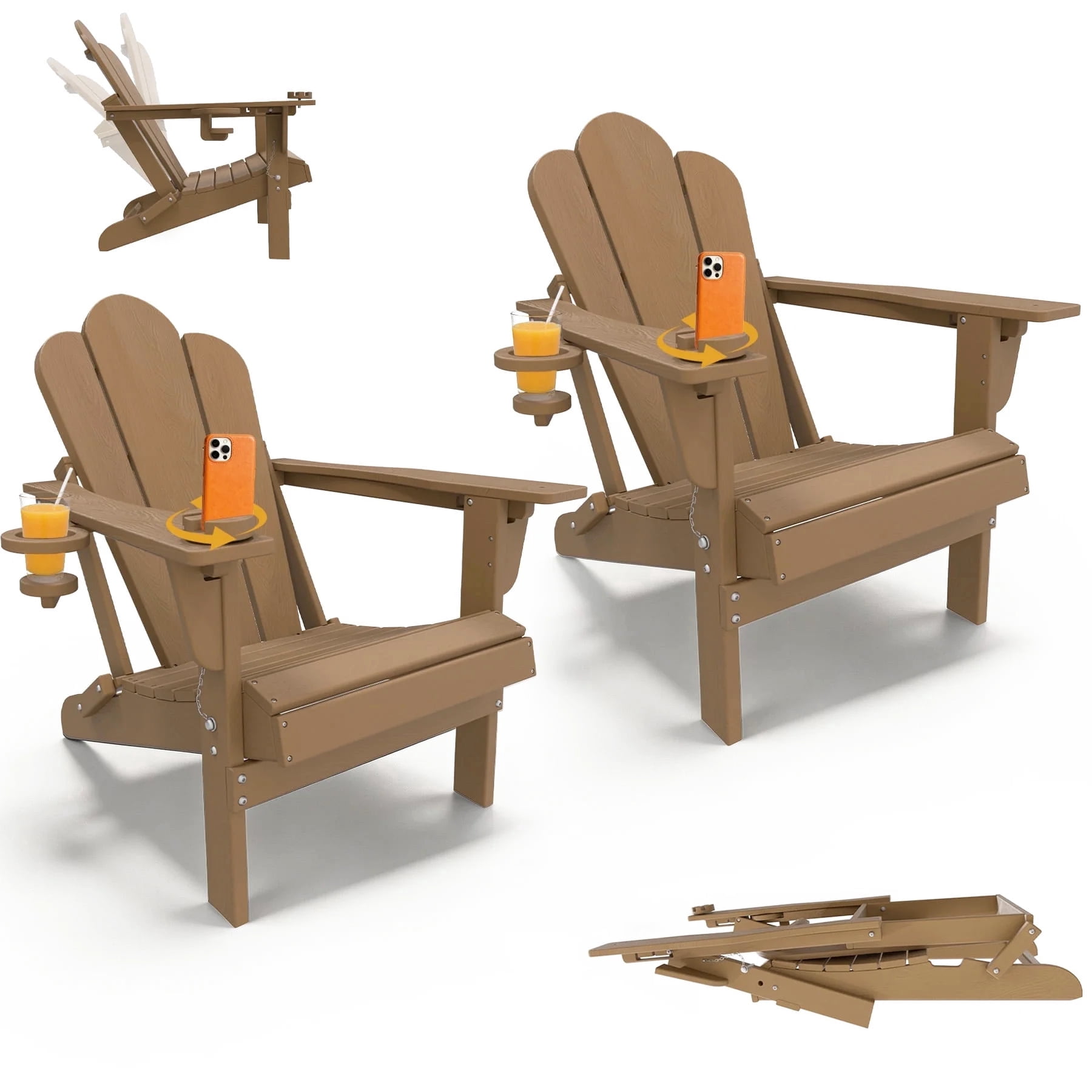 Tappio Folding Adirondack Chair Set of 2, All Weather HDPE Outdoor Patio Chairs with 3- Position Adjustable Backrest, Detachable Multifunctional Holders and Cup Holders, Fire Pit Chairs, Brown