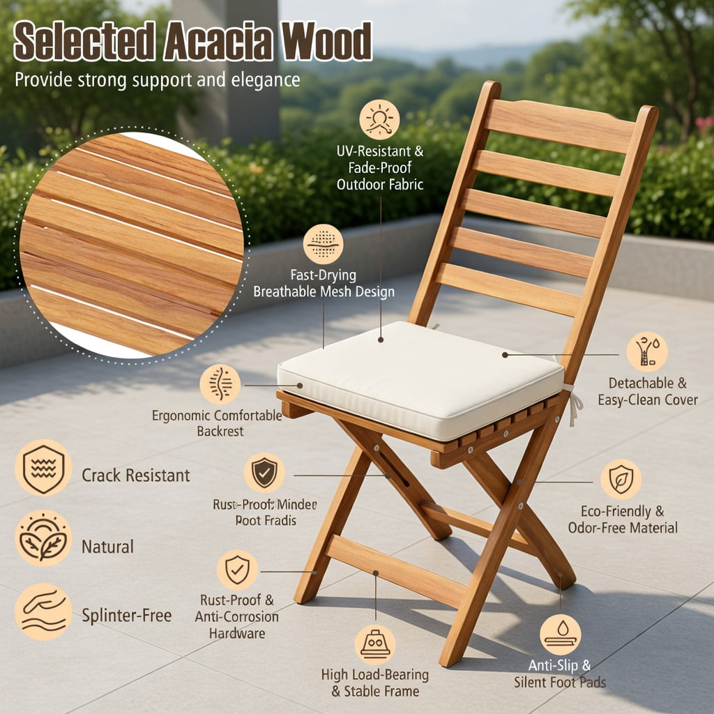 Hommoo 2-Pack Folding Patio Chairs with Soft Off-White Cushions & Natural Acacia Wood Frame, Outdoor Backyard, Balcony & Poolside Seating, White