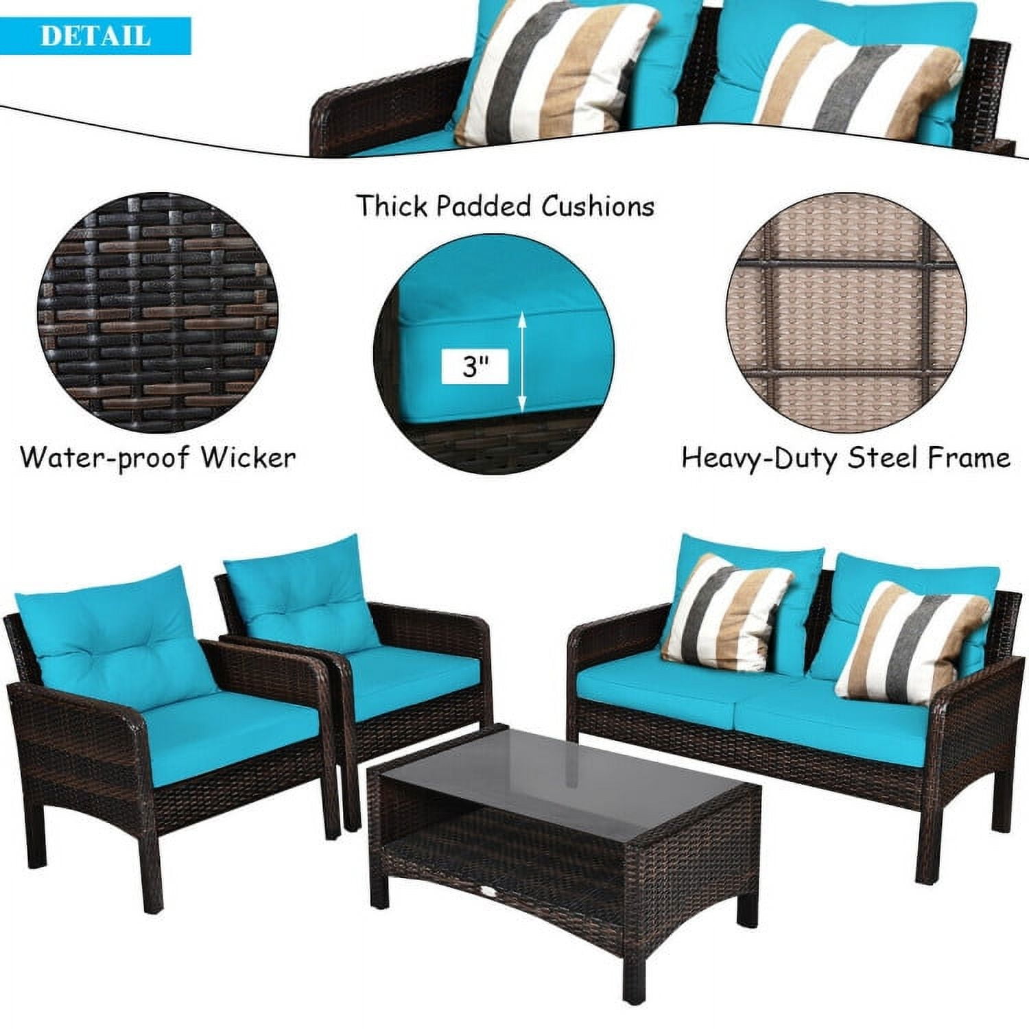 Aimee Lii 4 Pieces Outdoor Rattan Wicker Loveseat Furniture Set with Cushions, Small Patio Set, Turquoise Aimee Lii 4 Pieces Outdoor Rattan Wicker Loveseat Furniture Set with Cushions, Small Patio Set, Turquoise