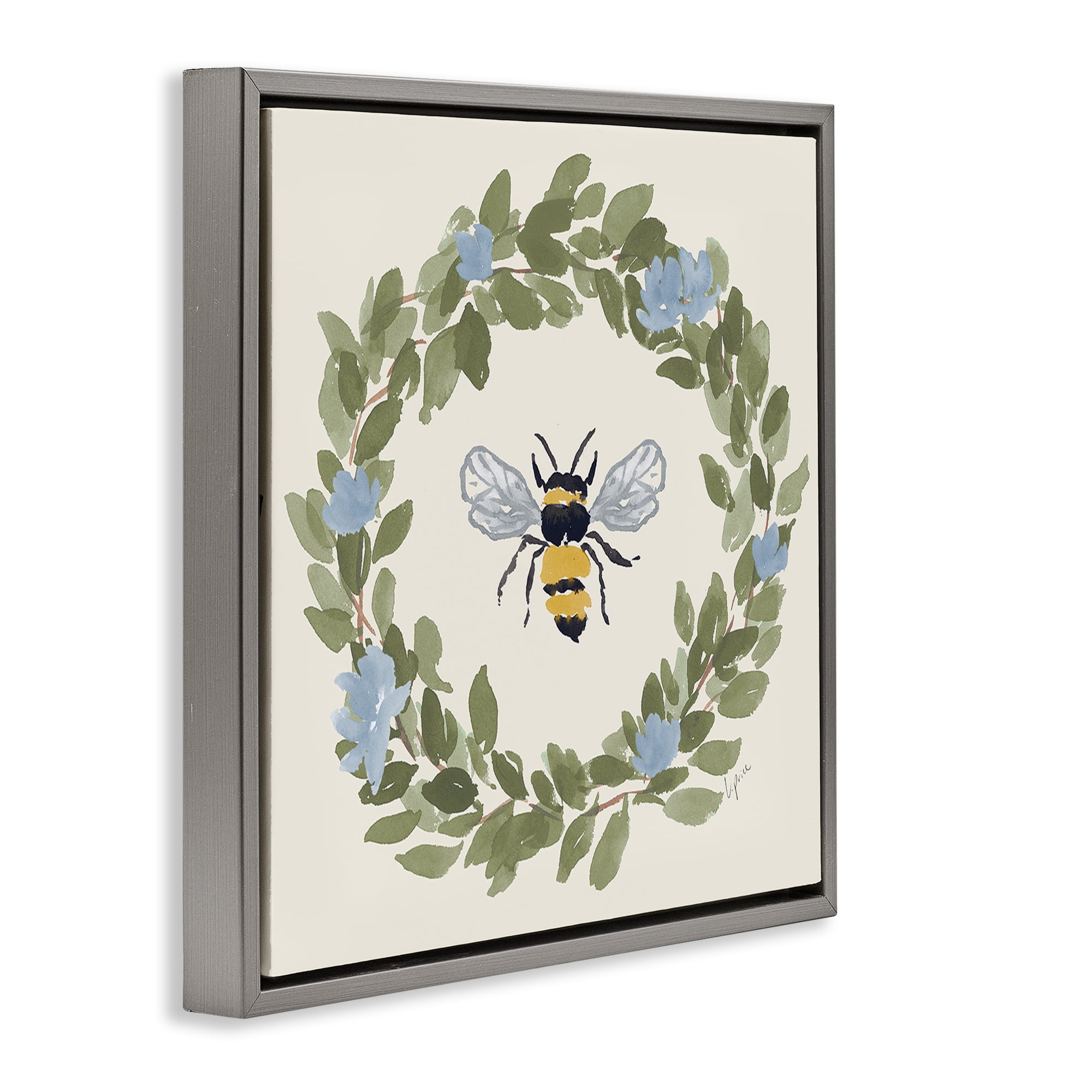 Stupell Industries Bee Celebration Wreath Gray Framed Floater Canvas Wall Art, design by Lucille Price