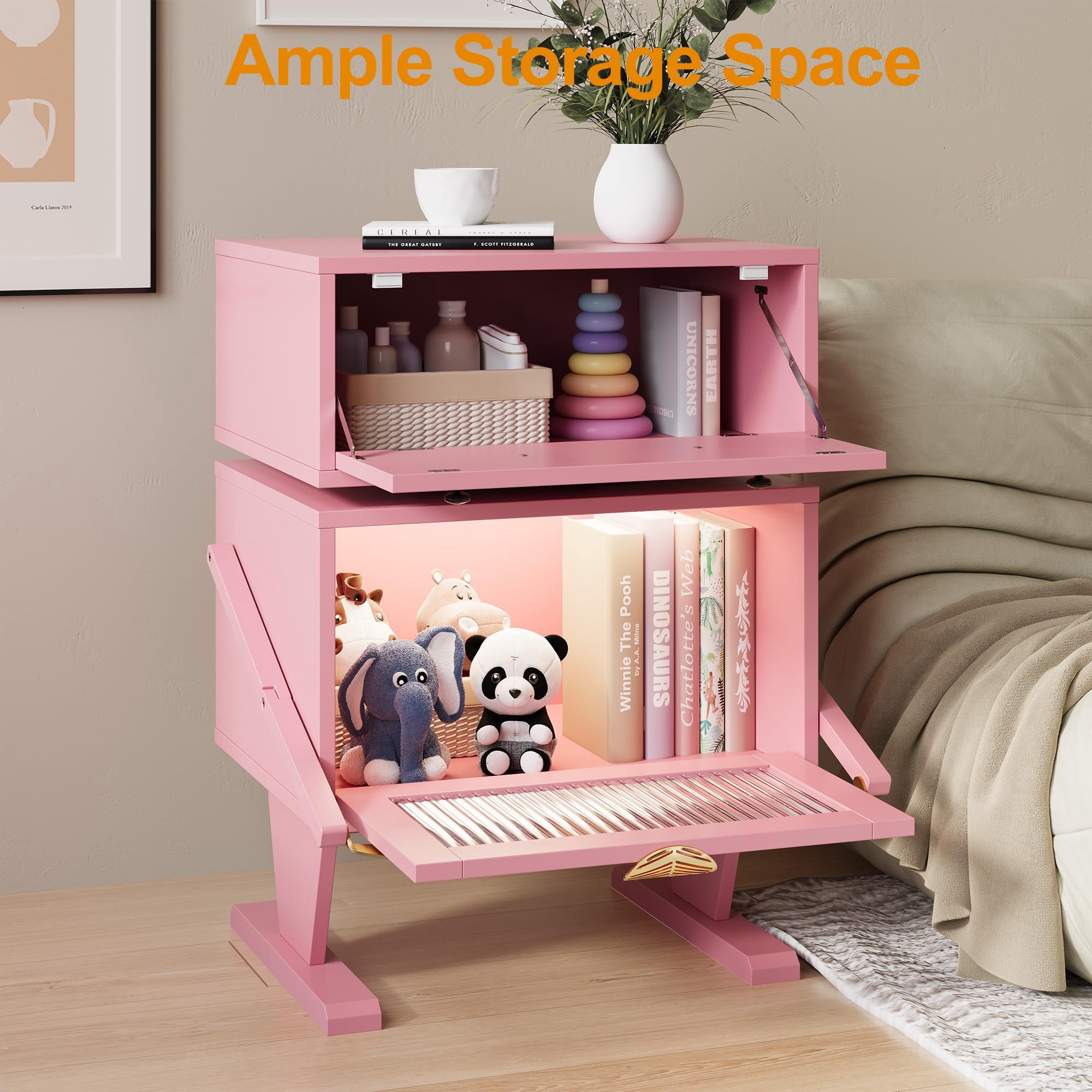 20.7" Wide End Table, Pink Robot LED Nightstand with 360° Rotating Drawer