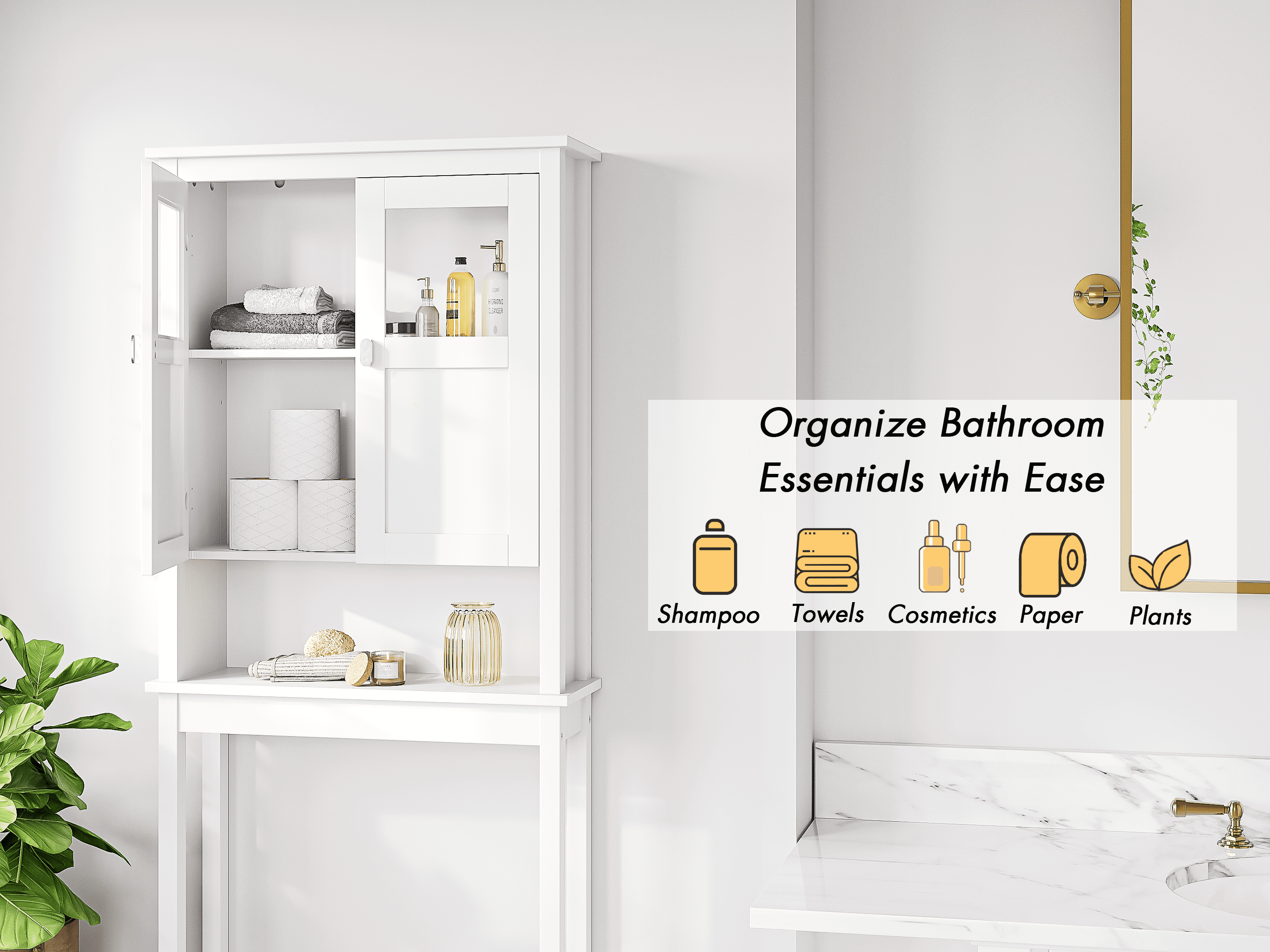 STAROUS Bathroom Cabinet Over Toilet, Bathroom Storage Cabinet with Glass Doors and Adjustable Shelves, Over The Toilet Storage Cabinet, White