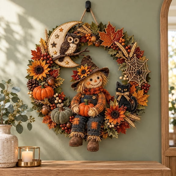 Scarecrow Halloween Door Hanger Wooden Wreath Decor for Halloween