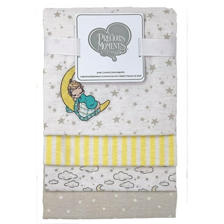 Precious Moments-Precious Moments Applique 4 Piece Baby Receiving BlanketsYellow These Precious Moments cotton receiving blankets will be a welcomed addition to any nursery  and they have so many uses. The 4 coordinating blankets are made from 100% soft cotton flannel and depict an appliqued sleepy baby nestled on the moon on a background of stars  another of stripes  a third with polka dots and lastly  clouds  stars and moons. Choose from pink  blue or gray & yellow hues. Each blanket measures 30 X 30 and wraps baby in warm comfort. Yellow