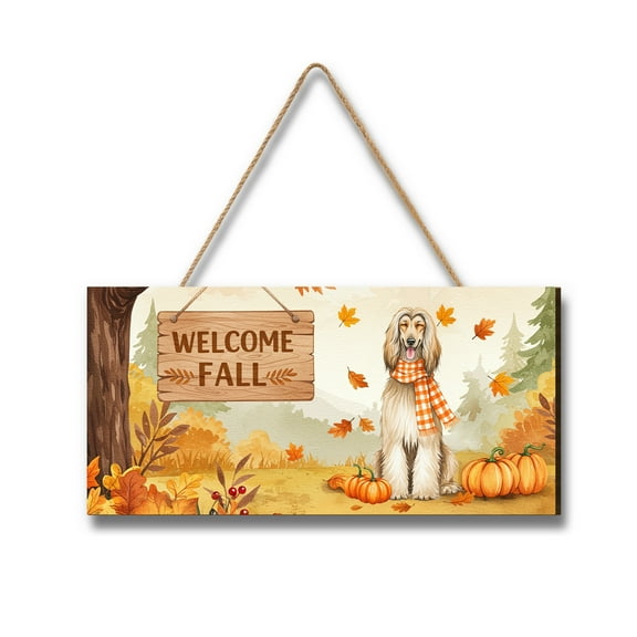 Welcome Fall Afghan Hound Cozy Autumn Field Pumpkins Golden Leaves Landscape Wood Sign Dog Lover Hanging Wall Home Decor - 12013