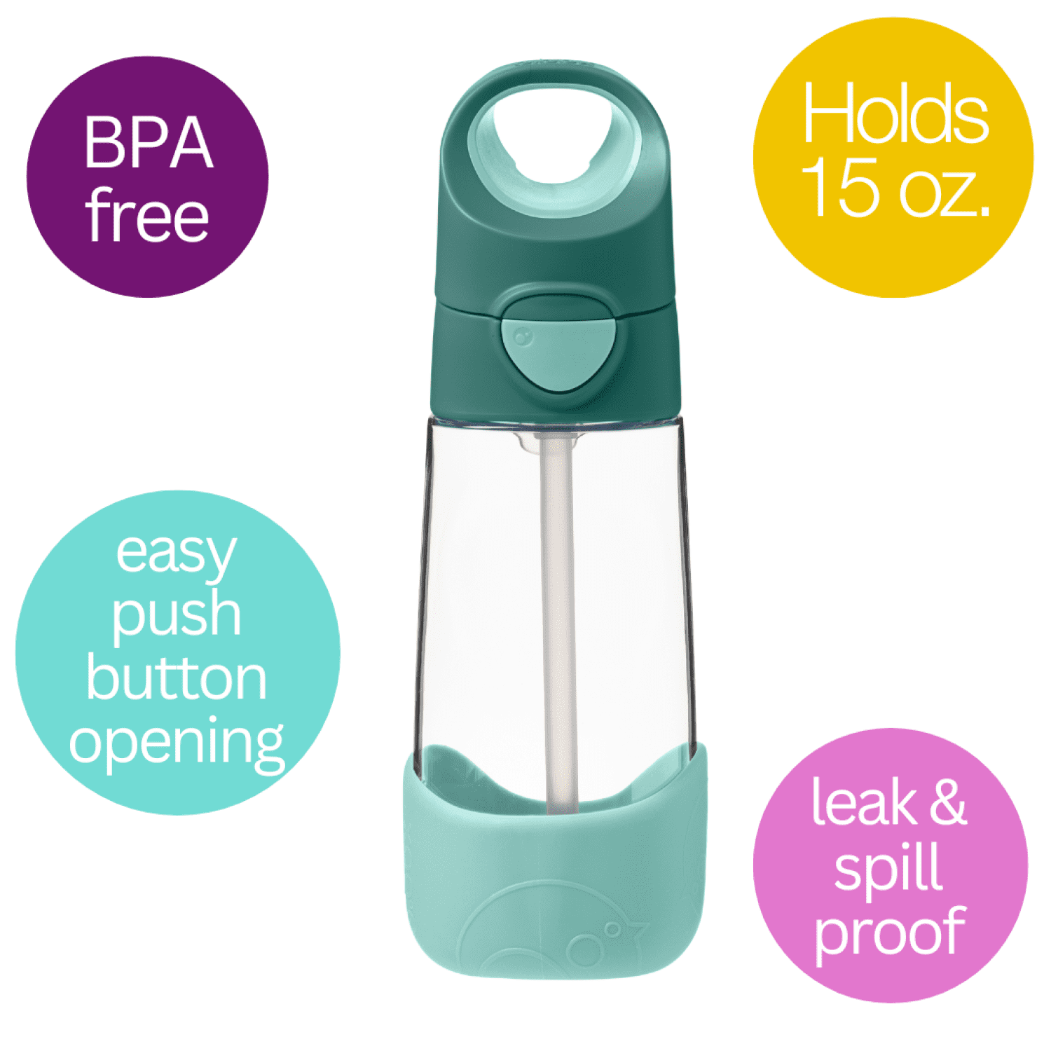 b.box 15 oz Tritan Drink Bottle: Kids Water Bottle w/ Straw & Lid for School, Travel, Daycare. Spill & Leak Proof. Easy Grip Triangle Shape. BPA Free, Dishwasher Safe. Emerald Forest