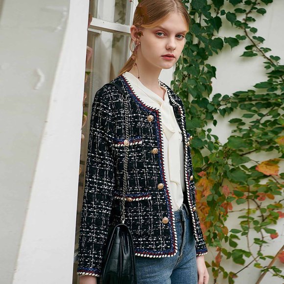Qetyuw Vestes pour Femmes Grande Taille à Carreaux en Tweed à Manches Longues Blazers à Double Boutonnage Veste de Bureau Décontractée