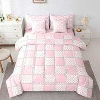 jejeloiu Classic Grid Twin Bedding Sets 7-Piece,Minimalism Geometric Checkered Bedding Comforter Set,Pink Checkerboard Sheet Sets For Girls Boys,Super Cozy Room Decor Reversible