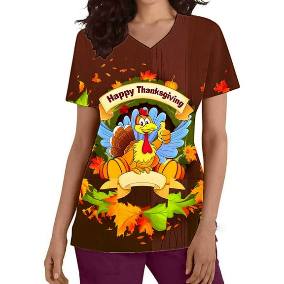 Xfvqtps Thanksgiving Scrub Tops for Women Soft V-Neck Scrubs Comfortable Nursing Uniforms Short Sleeve Tops Turkey Print Blouse Protective Clothing Working Uniforms with Pockets Red