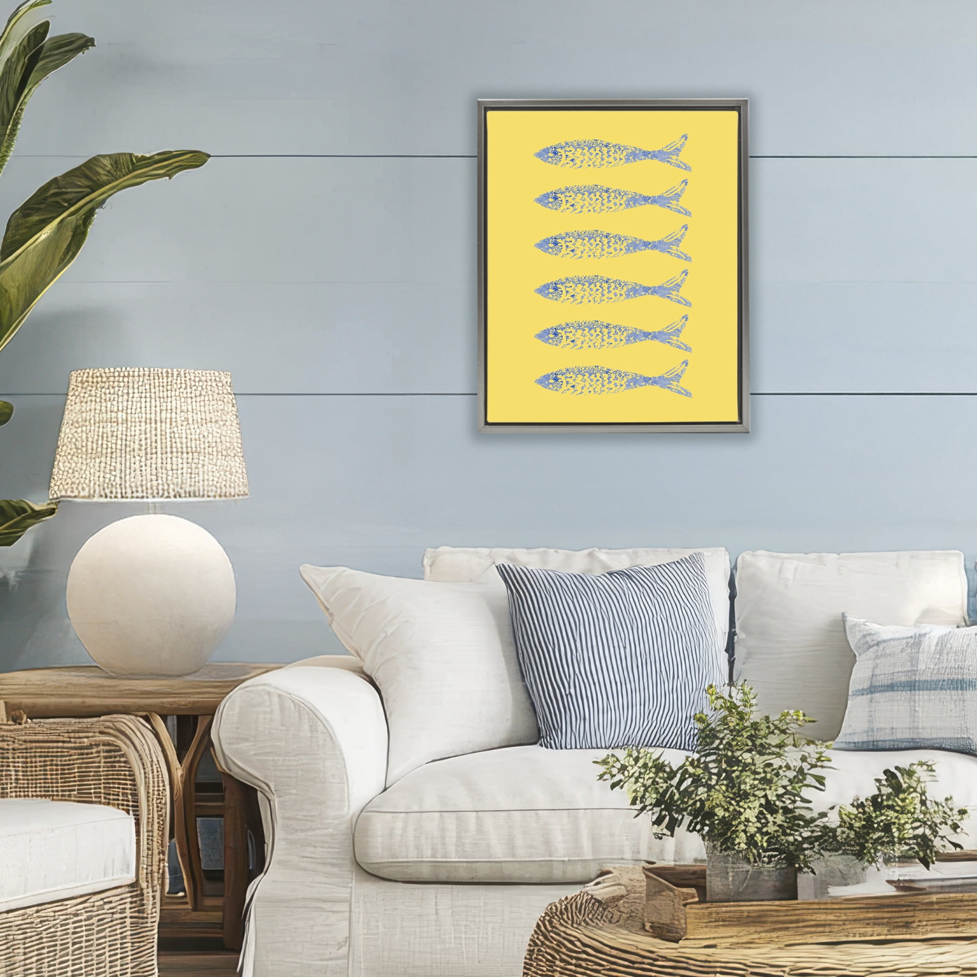 Stupell Industries Sardine Stamps on Yellow Gray Framed Floater Canvas Wall Art, design by Julie DeRice