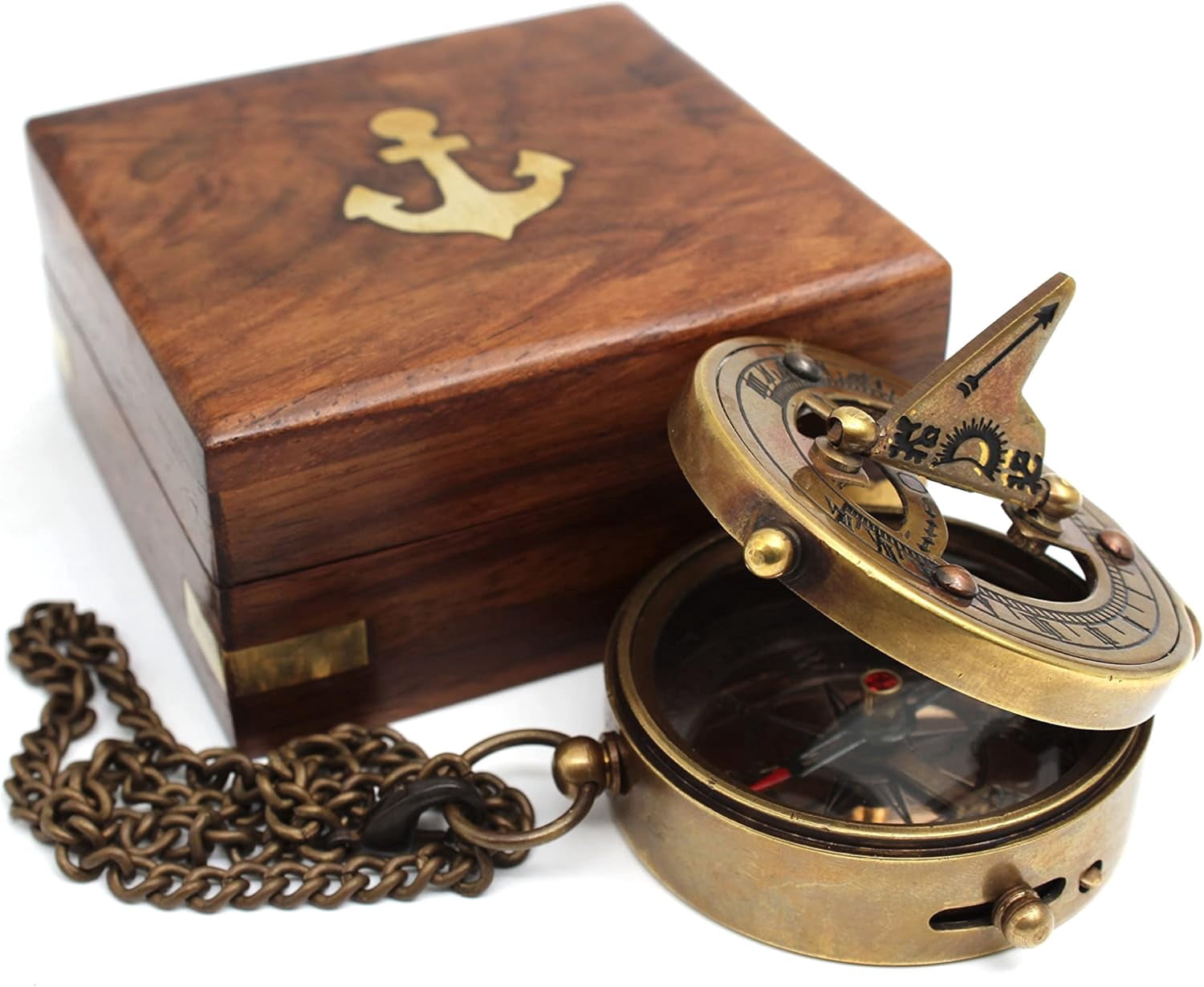 Brass Sundial Compass - Portable, Durable - Ideal for Camping, Hiking, Boating - Unique Home Decor - Jeweled Compass Needle