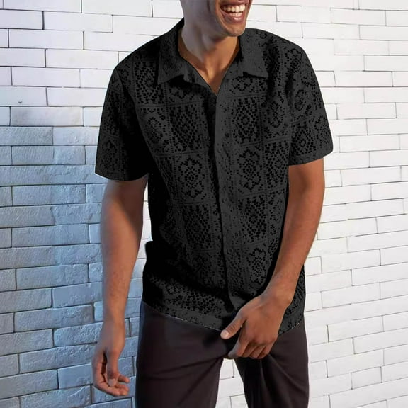ALLLIST Shirts for Men Collared Black Short Sleeve Button Down Shirts Solid Cutout Casual Clothes for Men