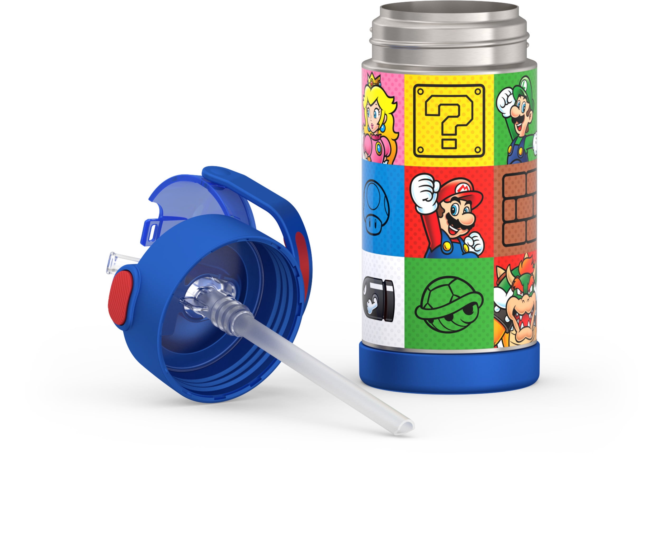 Thermos Kids Bouteille d'eau isolée sous vide avec paille rabattable, 355 ml, Super Mario