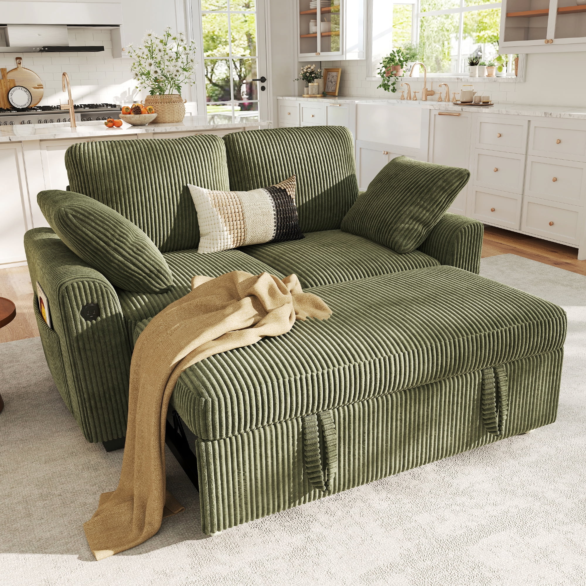 BedLuxury 59" Loveseat With Pull Out Bed, Sleeper Sofa Bed With USB Charging & Side Storage for Small Spaces, Corduroy Green