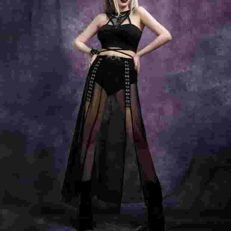 【WOOHWA】SHIRRING SLIT LONG SK Goth Double Slit Maxi Skirt for Women Punk Black See Through