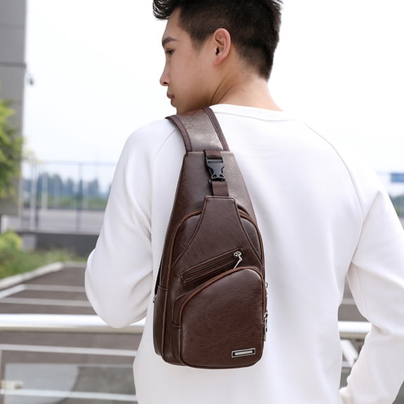 Leather Sling Bag for Men and Women, Waterproof Crossbody Chest Bag with USB Charging Port, Lightweight Daypack for Travel, Work & Outdoor