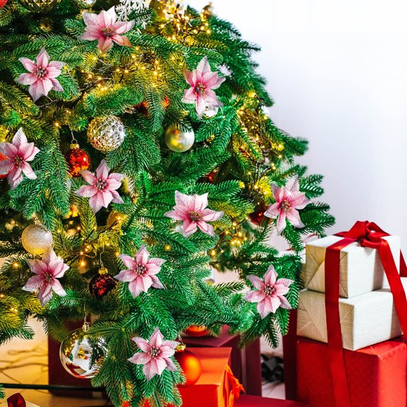 45 Pieces Christmas Poinsettia Decorations Glitter Poinsettia Flowers Christmas Tree Flowers Red Gold White Silver for Xmas Tree Ornaments, 5 Inch (pink)