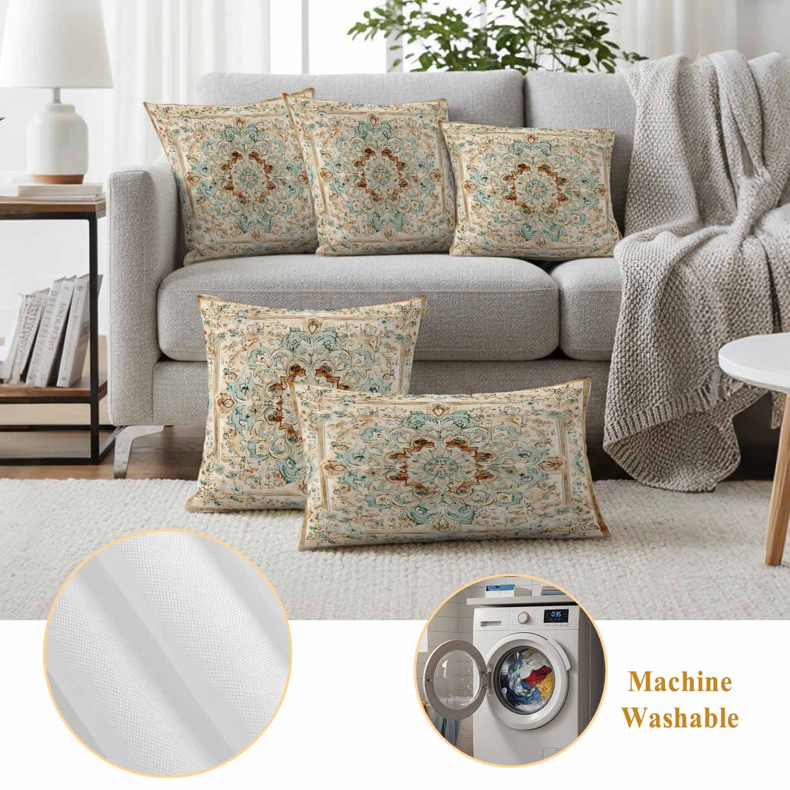 Sage Green Orange Floral Outdoor Waterproof Pillow Covers, Boho Vintage Botanical Ethnic Decorative Square Throw Pillowcase Sofa Cushion Sham for Patio/Couch/Chair, 16"x16" 2 Pack