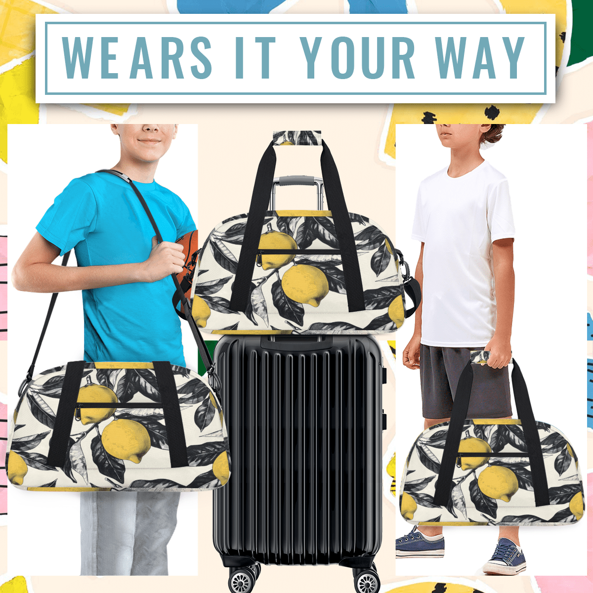 Herdesigns Lemon Sports Duffle Bag for Women & Men, Gym Bag Dance Bag Overnight Bag Carry On Weekender Travel Bag