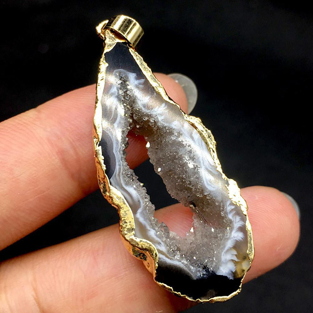 Raw Stone Jewelry Natural crystal pendant with  Agate Slice plated silver/rhodium finishing unique gift for women and girls