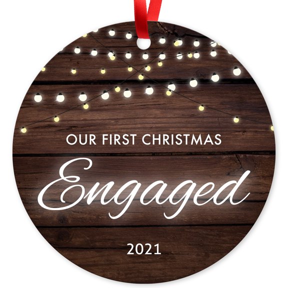 Our First Christmas Engaged 2020, Christmas Tree Décor Gift Ornament, 3.75" Coated Aluminum Round