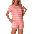 thumbnail image 4 of Conjuntos de pijama para mujer INSPIRE CHIC de 2 piezas, camiseta de manga corta y pantalones cortos, ropa de descanso y pijamas con bolsillos, S rayas rosas, 4 of 6