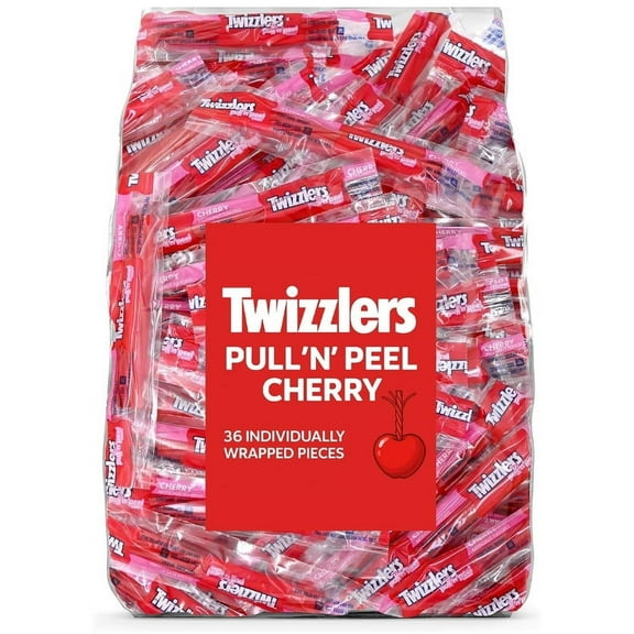 Twizzlers Pull 'n' Peel Cherry Licorice Candy – 36-Count Snack Pack, Individually Wrapped, Soft Chewy Red Candy, 1 Pound Bag for 36 count