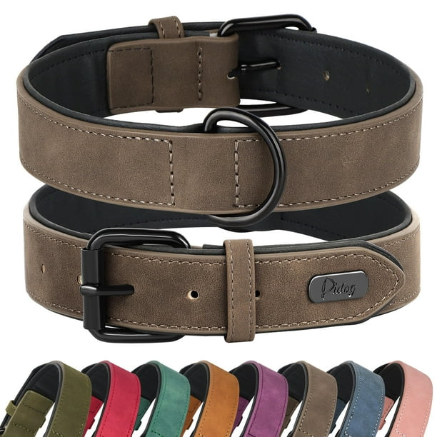 Collar para perro Didog, suave, acolchado, de piel, ajustable, marrón, talla M