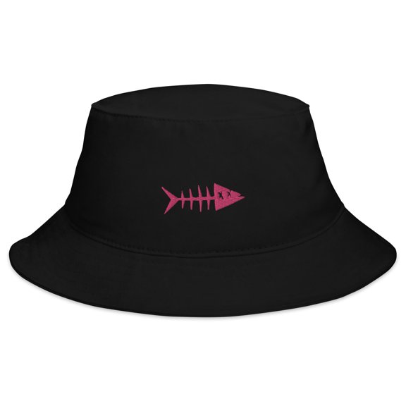 Clishirt Adult Unisex Embroidered Magenta Fish Cotton Black Bucket Hat