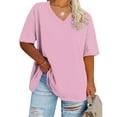 thumbnail image 2 of ATOYSOY Women's V Neck Blouses Summer Plus Size Raglan Tops Color Block Loose Pullovers Dressy Workout Short Sleeve Basic Tees Casual Tunic Saving Activewear Pink XL, 2 of 4