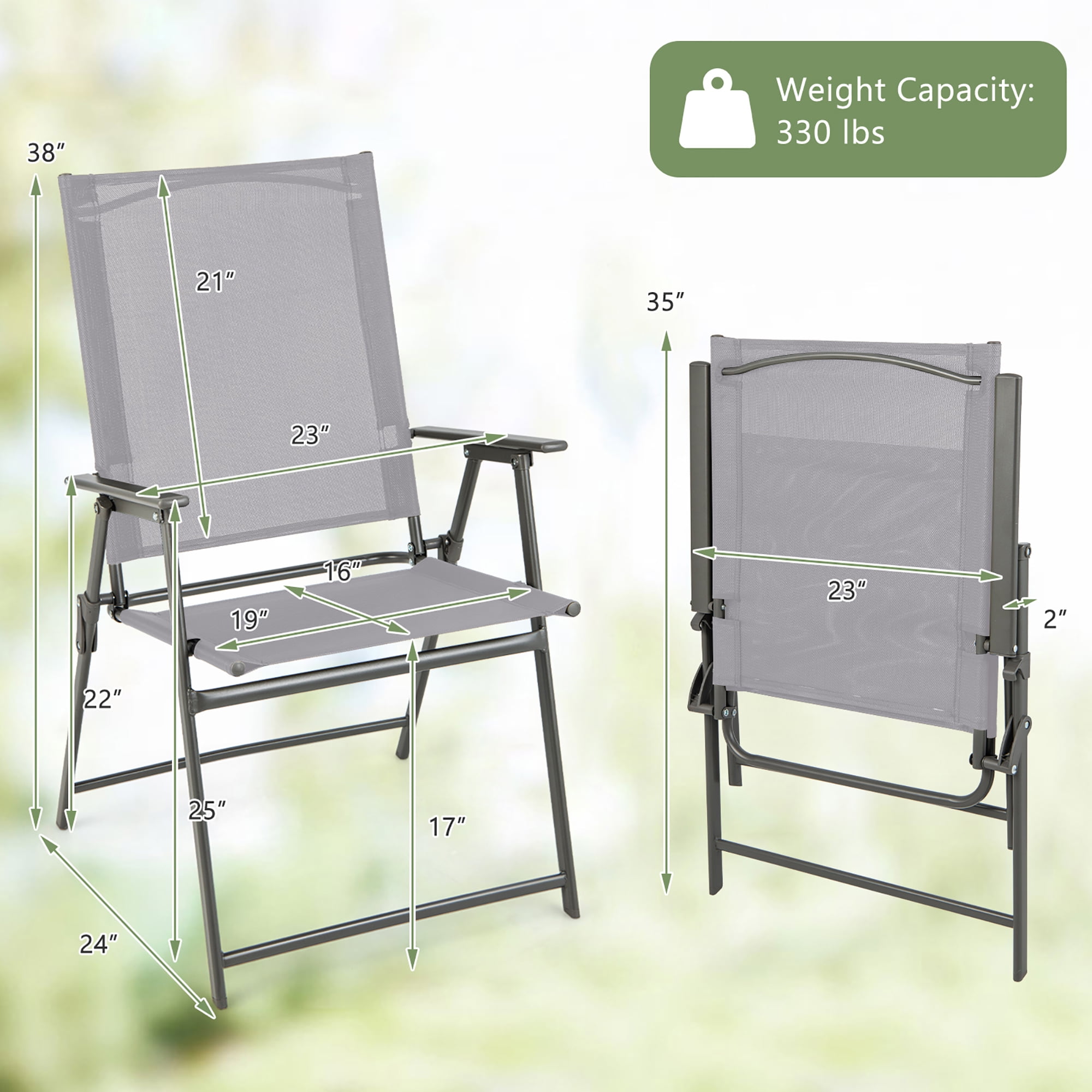 Costway 4pcs Patio Folding Portable Dining Chairs Metal Frame Armrests Outdoor Grey