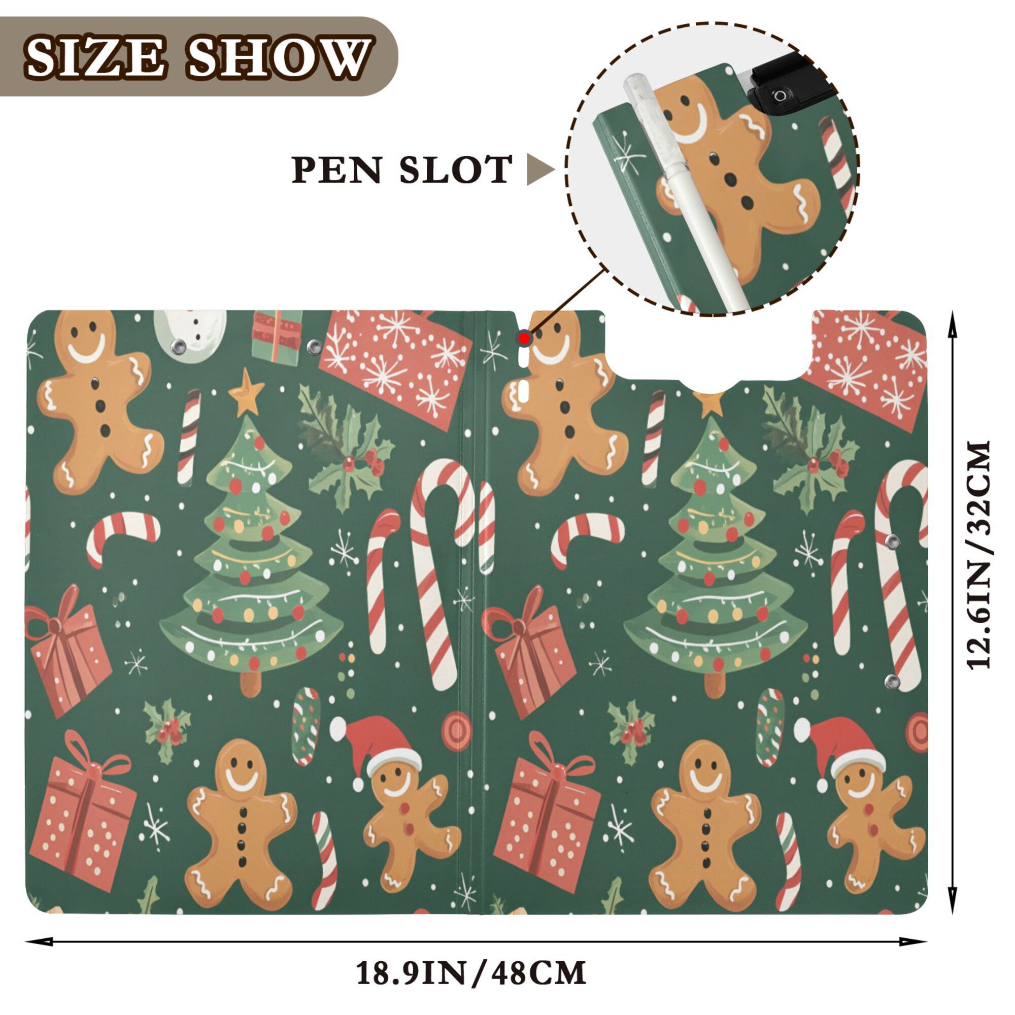 FORMRS A4 Clipboard Folder with Pen Holder Horizontal Foldable School Office Binder, Brown Christmas Gingerbread
